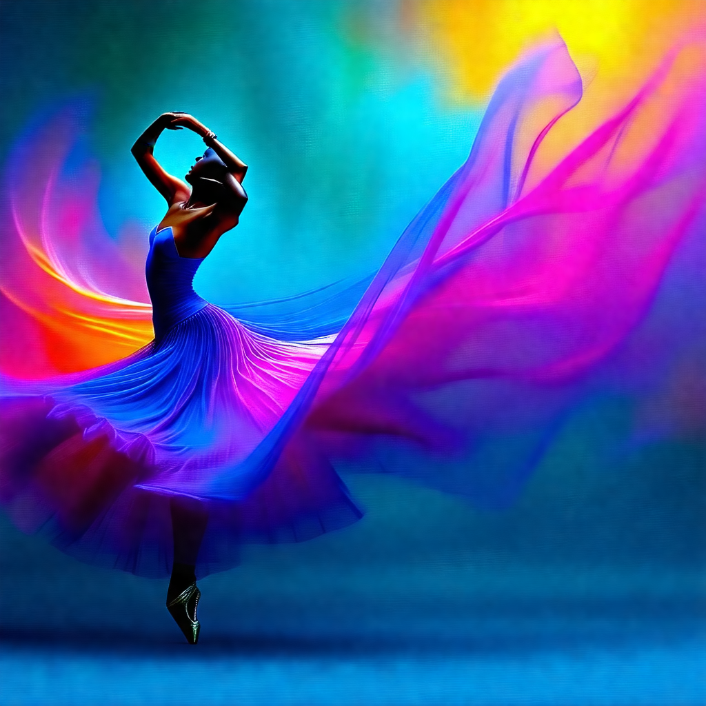 Woman in a blue dress, dancing in a room with a blue back...