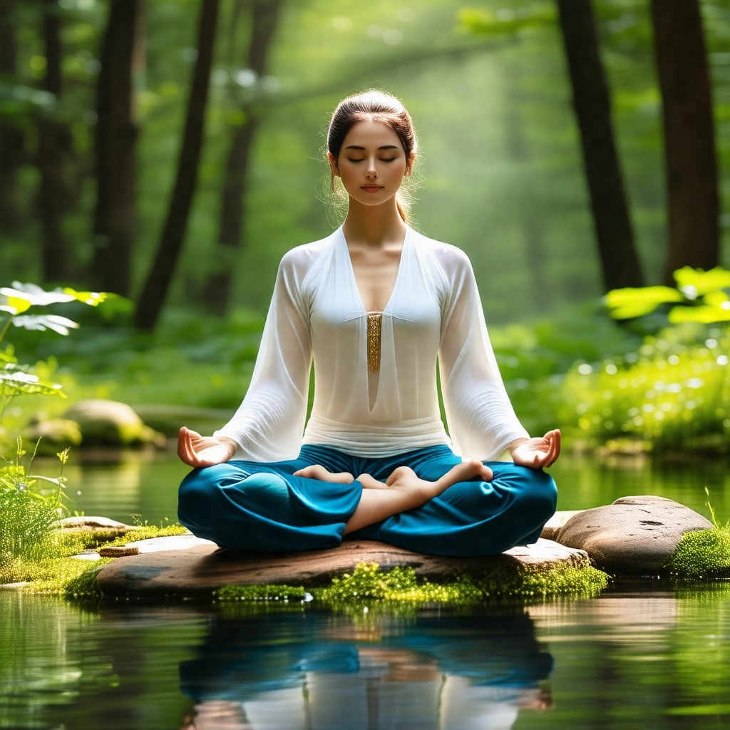 Woman sitting on a rock in a forest, surrounded by trees