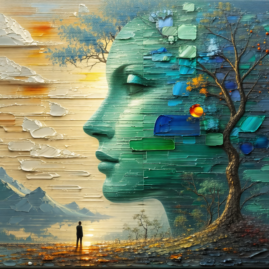 Painting of a woman's face, with a tree in the background