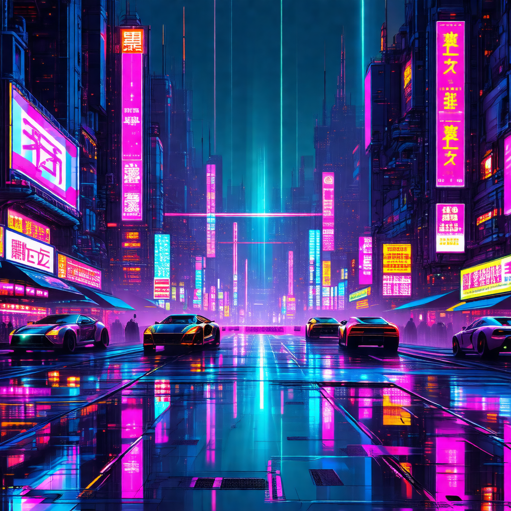 Futuristic cityscape with a long, brightly lit street fil...