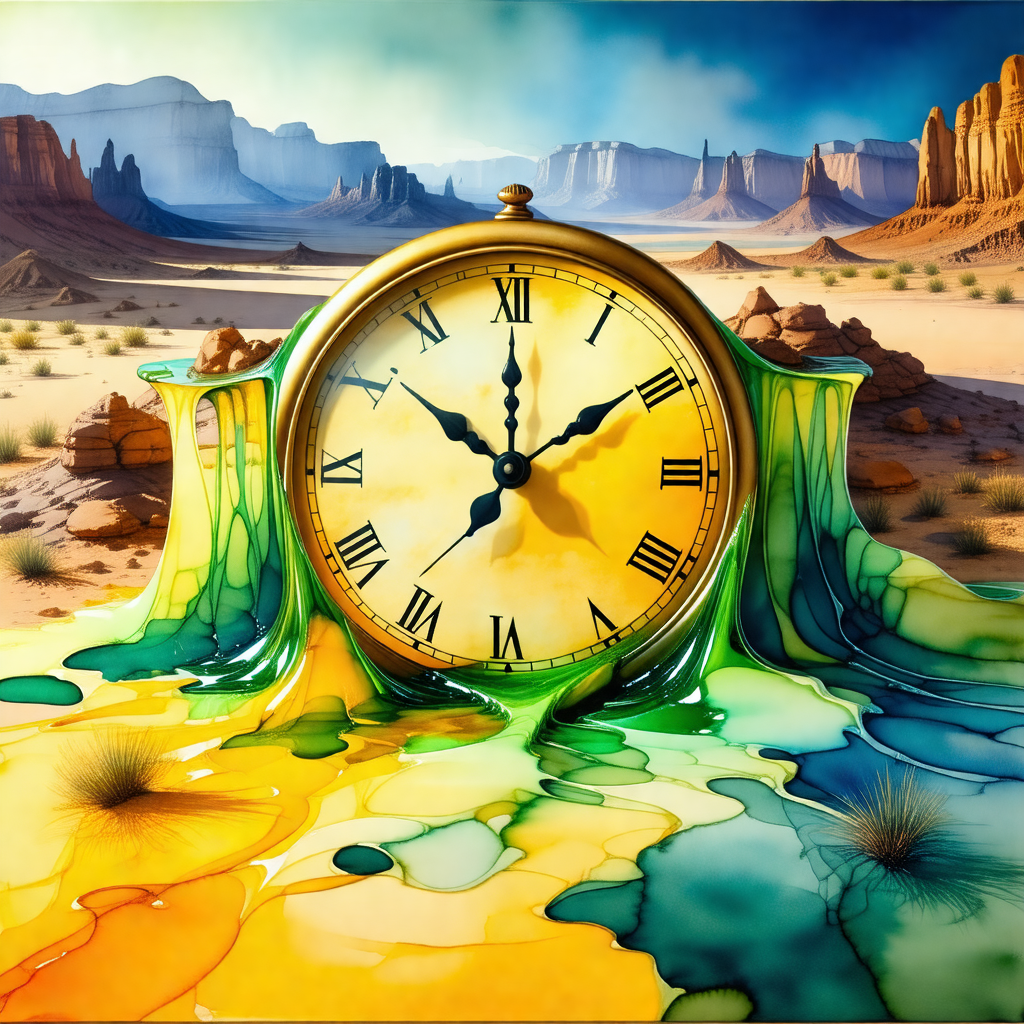 Large, colorful clock that is placed in a desert-like env...