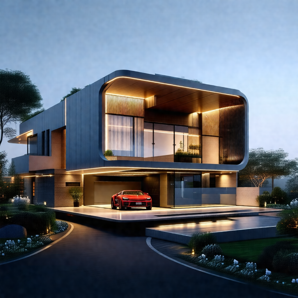 Large, modern-looking house with a red sports car parked ...