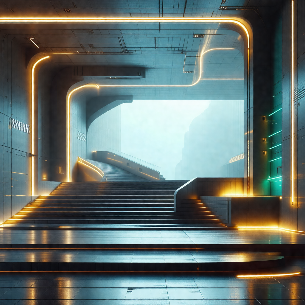 Futuristic city with a large, open, and empty building