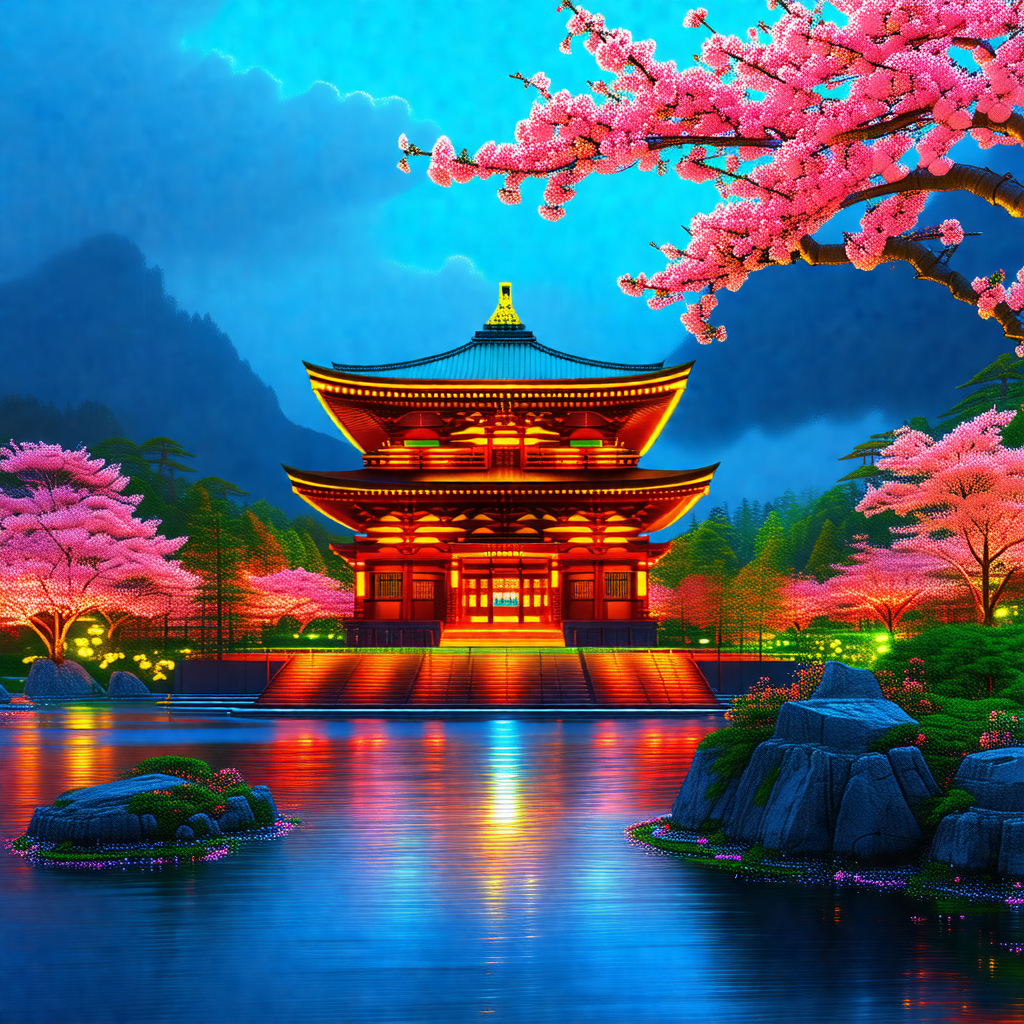 Beautifully lit asian palace, surrounded by a serene lake