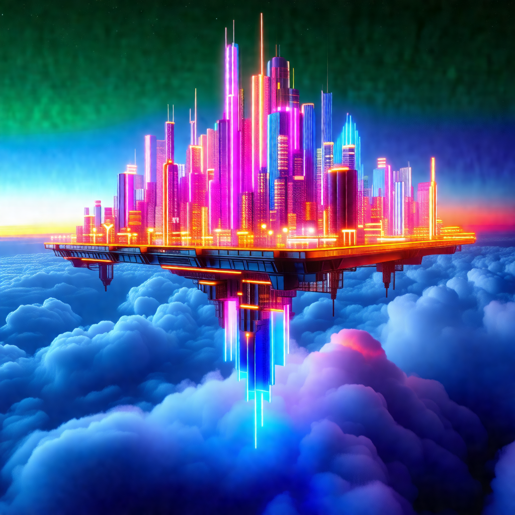 Futuristic cityscape with a large, colorful building floa...