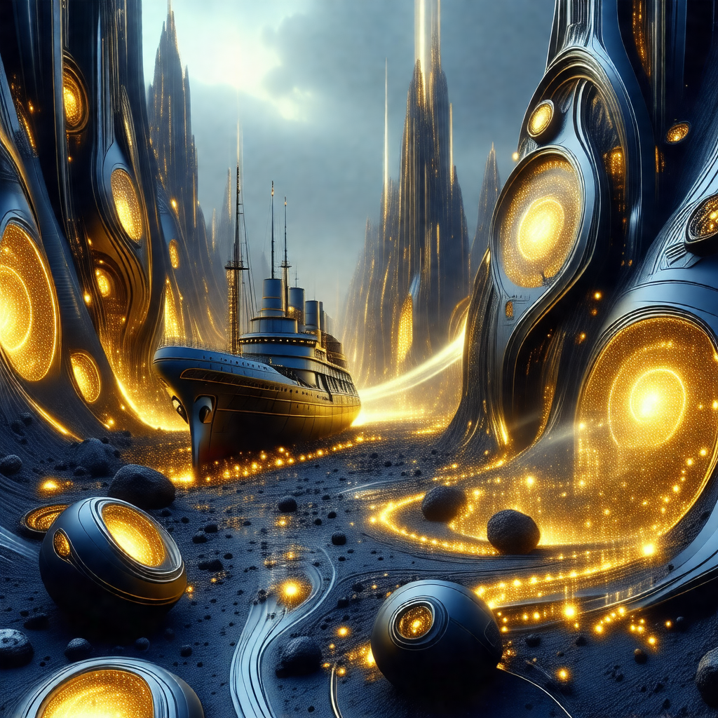 Digital painting of a large ship sailing through a futuri...
