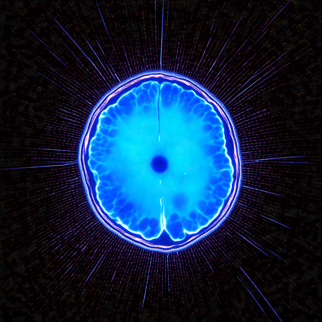 Blue, glowing, and somewhat distorted brain