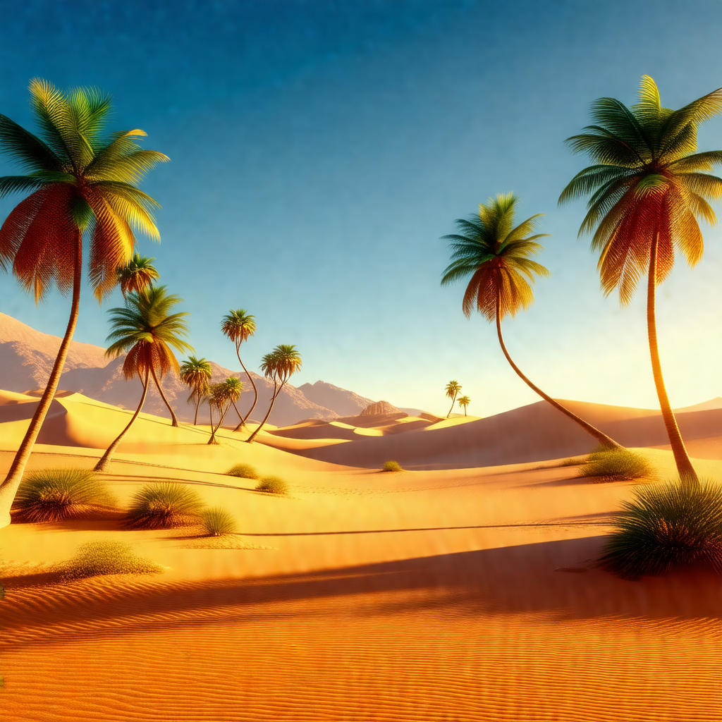 Beautiful desert landscape with a sandy beach and palm trees