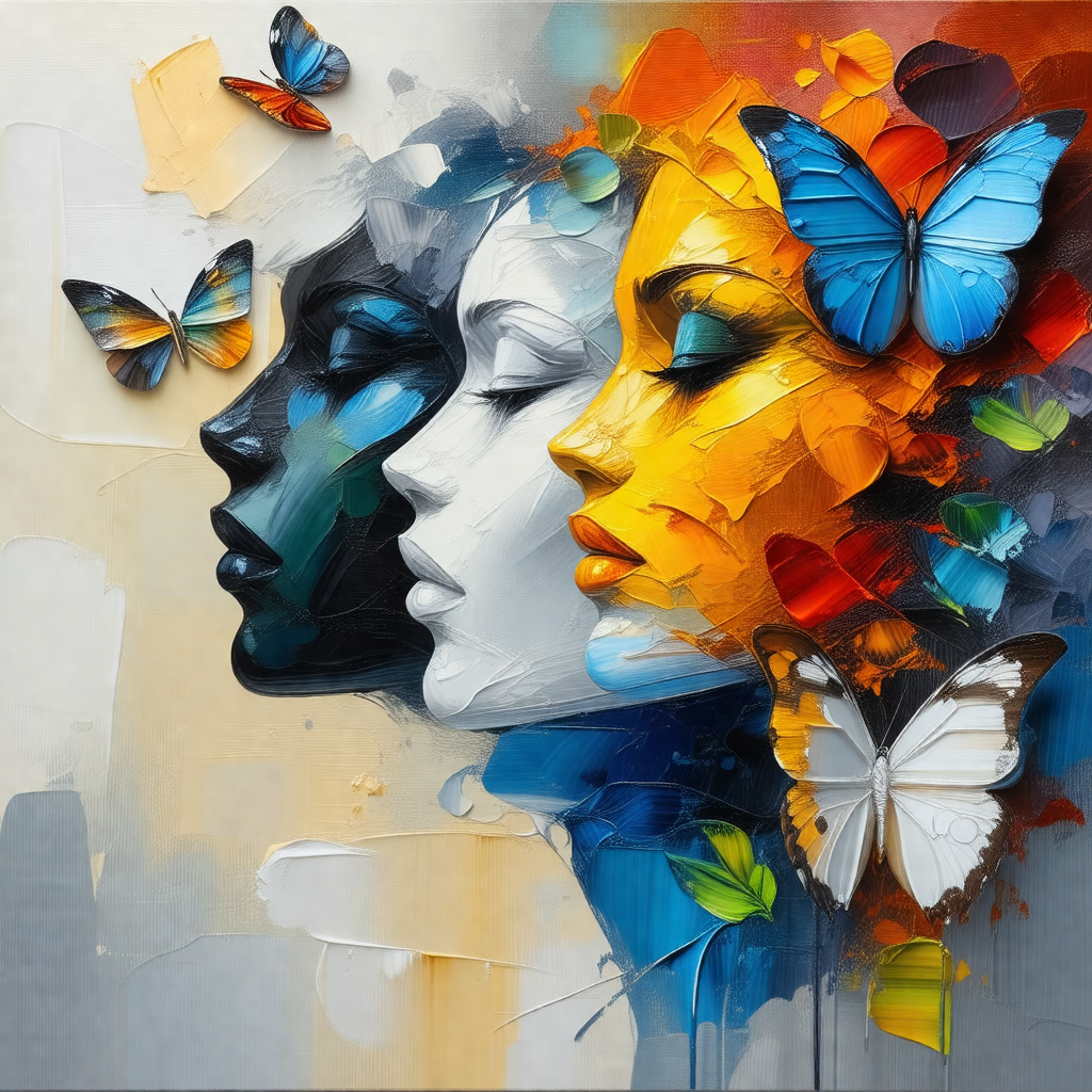 Painting of three women's faces, each with a different ex...