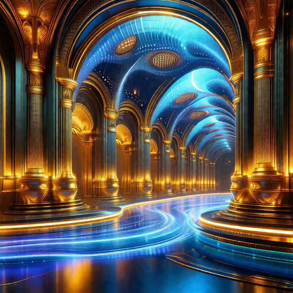 Long, narrow hallway with a blue light illuminating the s...