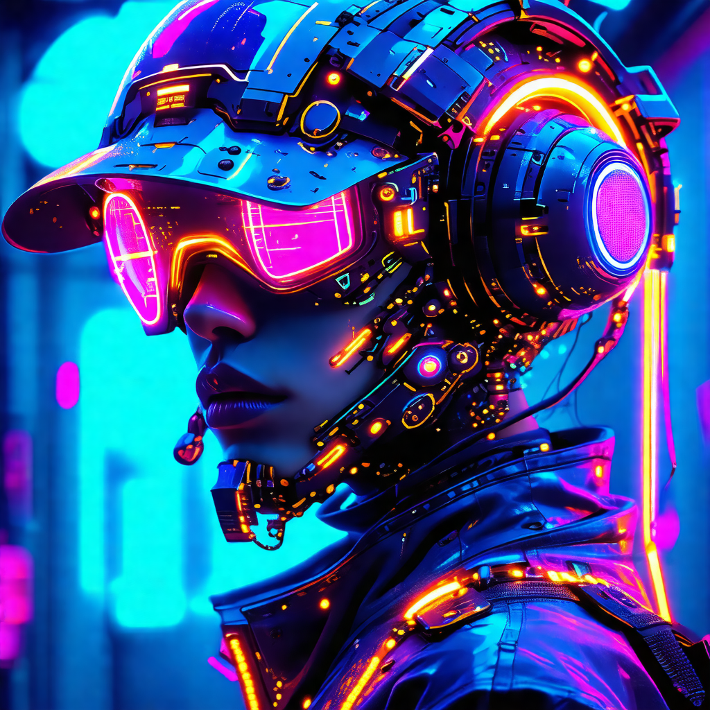 Futuristic scene with a person wearing a helmet and goggles