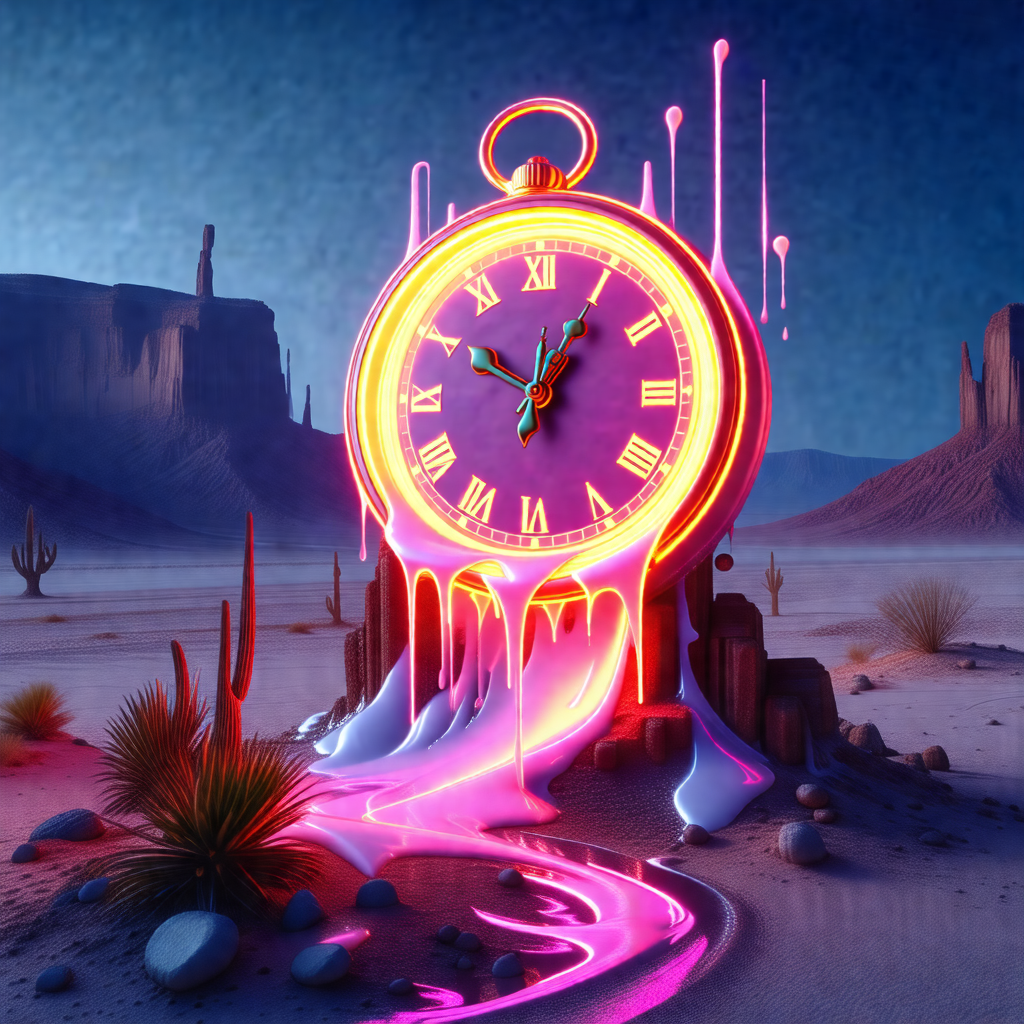 Large, colorful clock with a purple and pink glow, sittin...