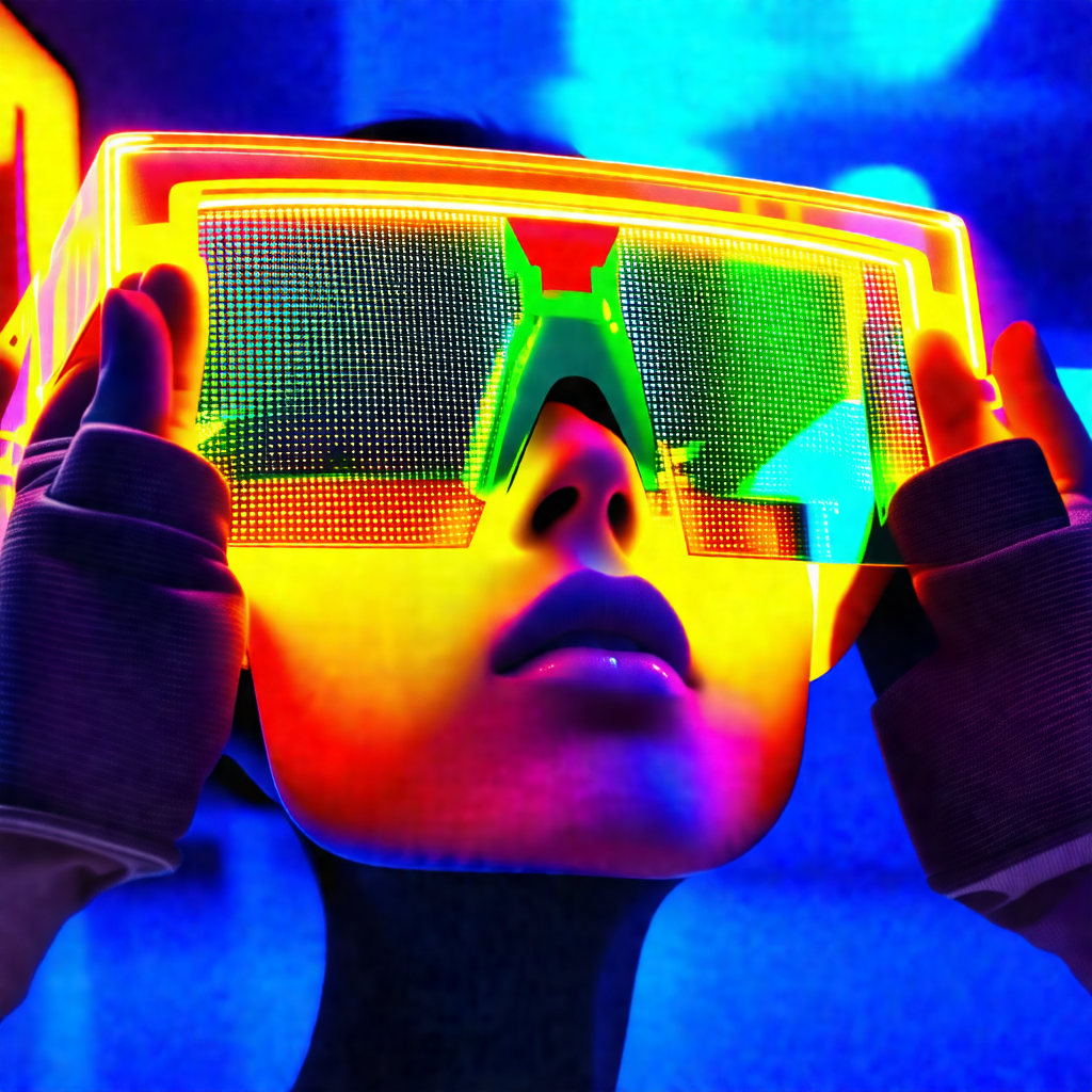 Woman wearing a pair of glowing, colorful glasses