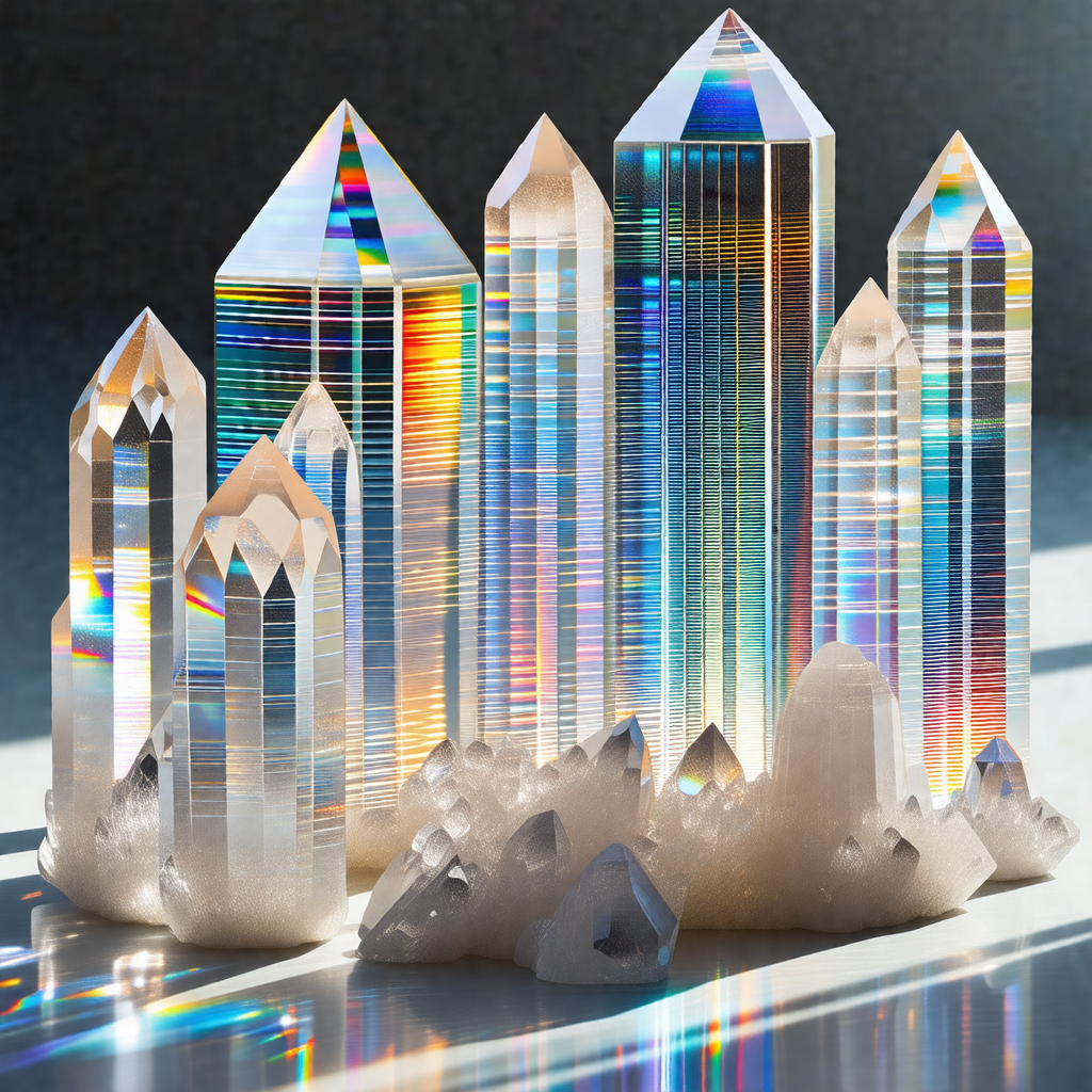 Group of seven crystal towers, each with a unique design