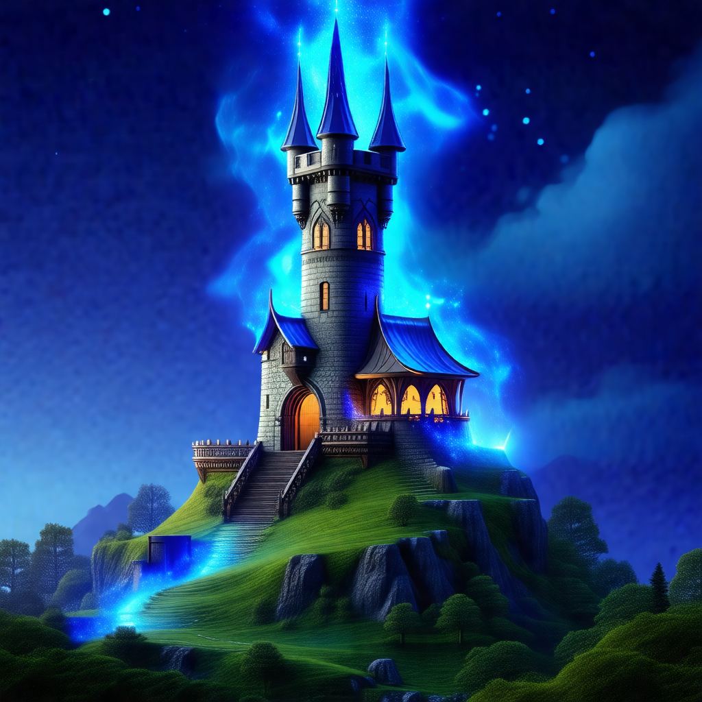 Large, colorful castle with a blue and purple glow