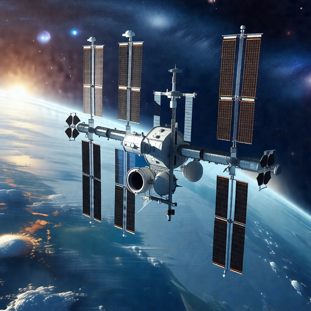 Space shuttle with a large number of solar panels on its ...