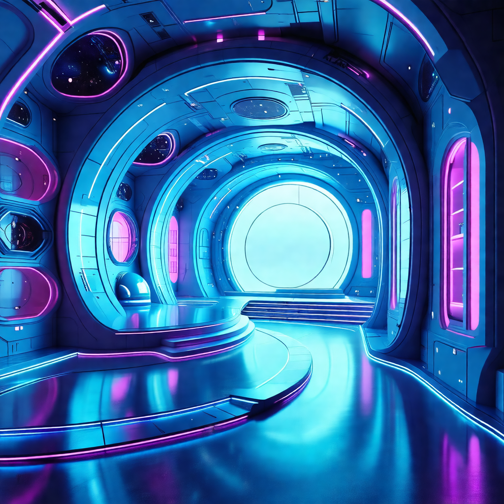 Futuristic, blue-lit room with a circular entrance