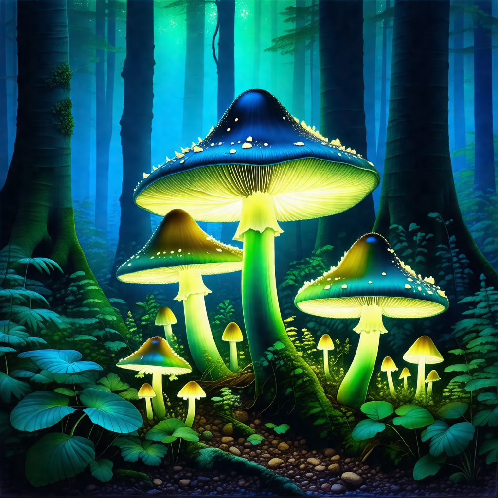 Forest with a group of mushrooms growing on the ground