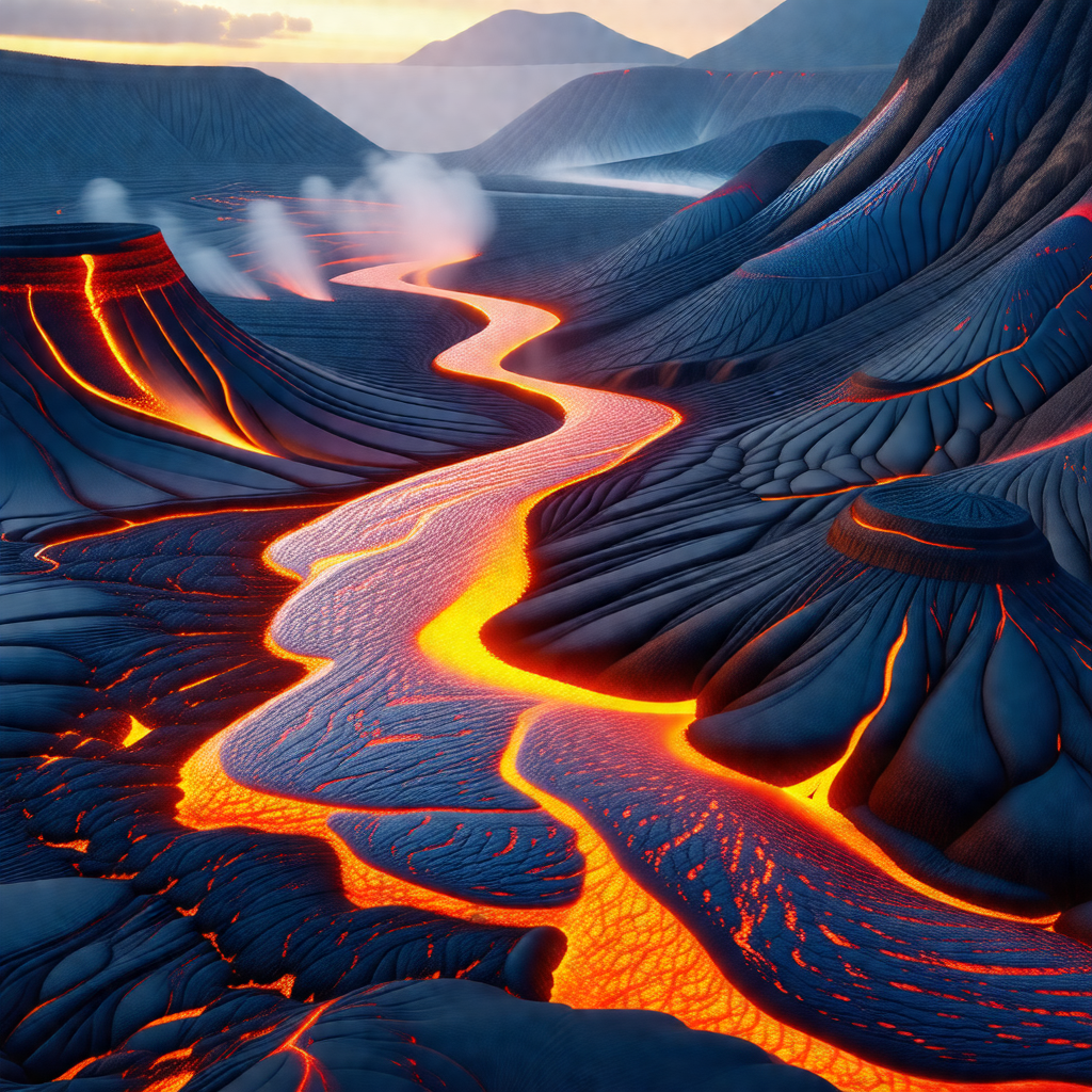 Vividly colored, computer-generated landscape featuring a...