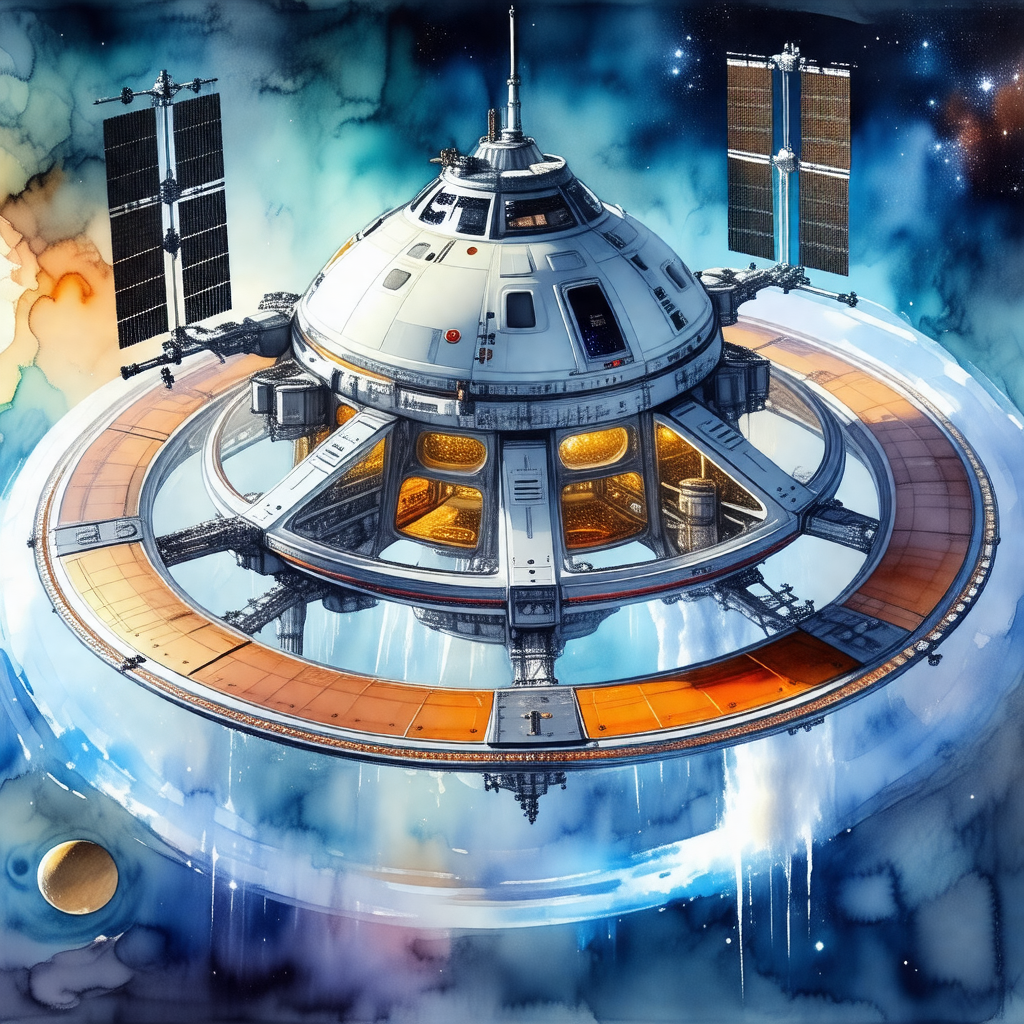 Painting of a space station, which appears to be a large,...