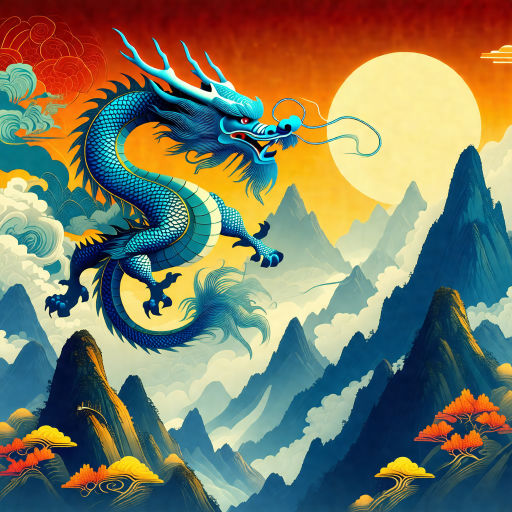 Large, colorful dragon flying through the sky, with its m...