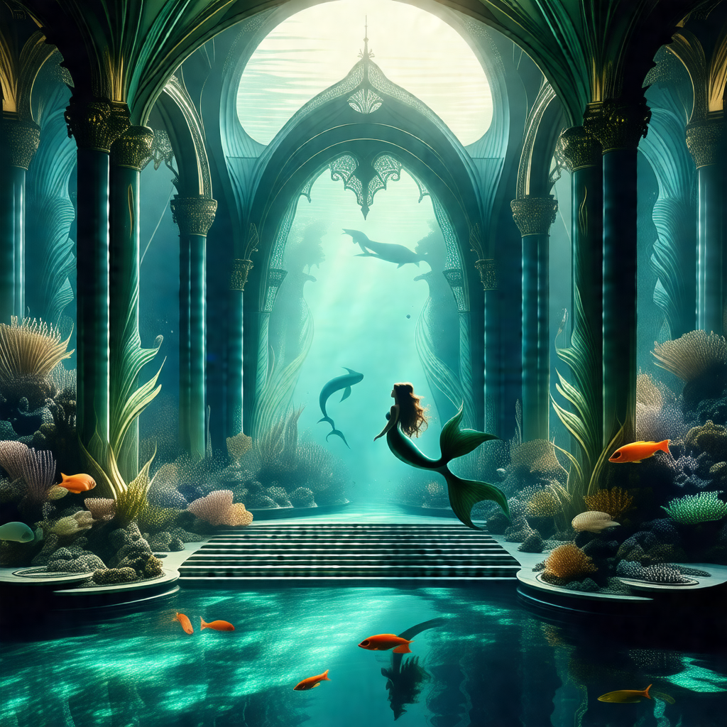 Beautiful mermaid swimming in a large aquarium filled wit...
