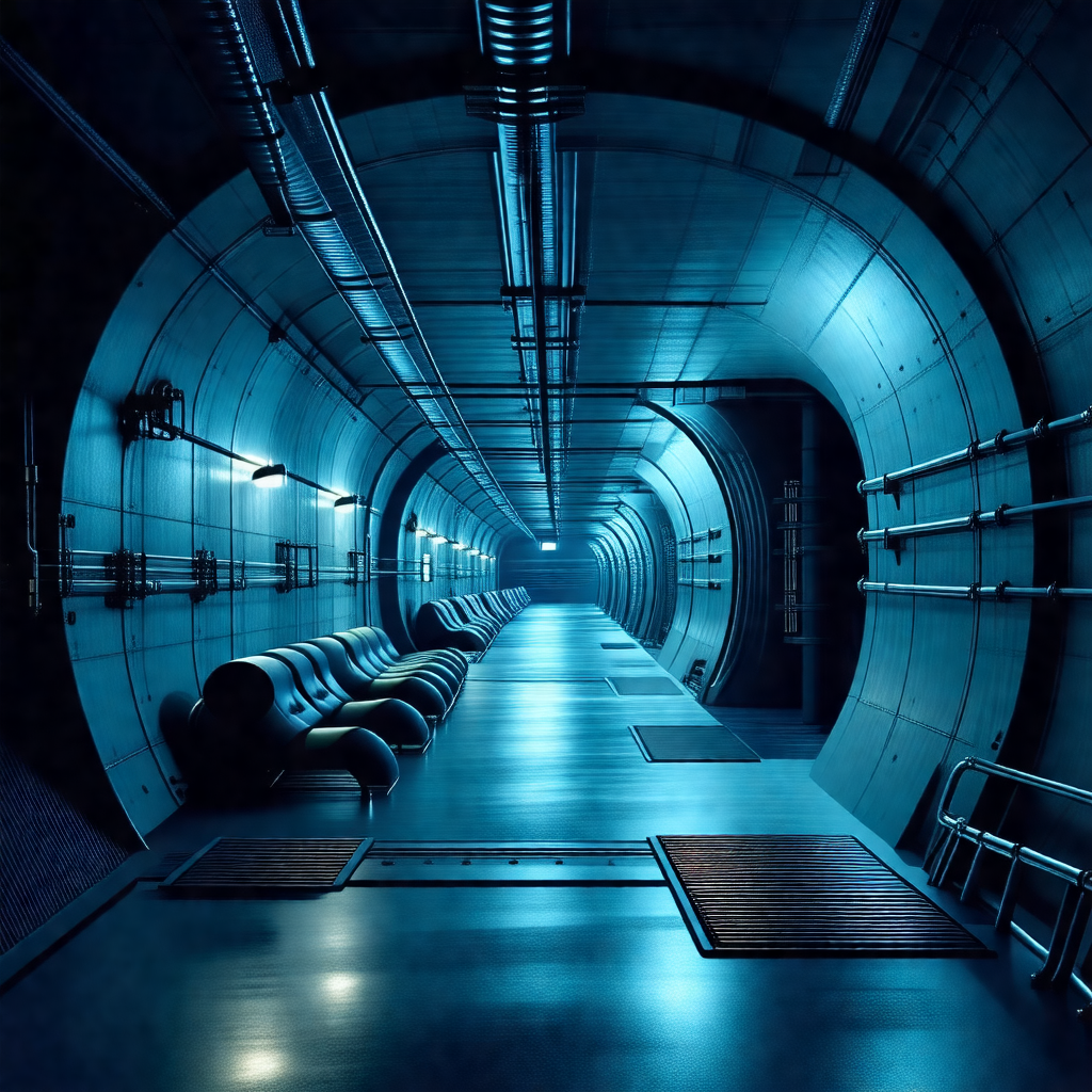 Long, narrow tunnel with a blue light illuminating the space
