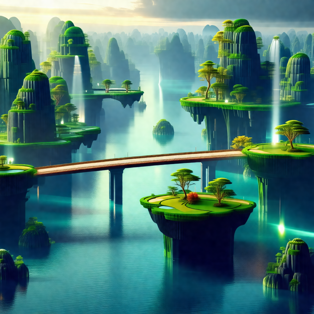 Digital painting of a fantasy world with a bridge crossin...