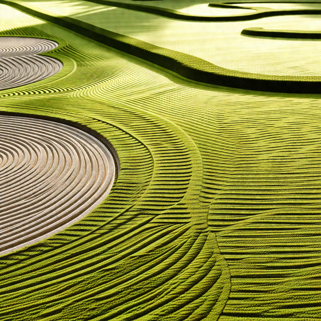 Lush green field with a series of mowed paths running thr...