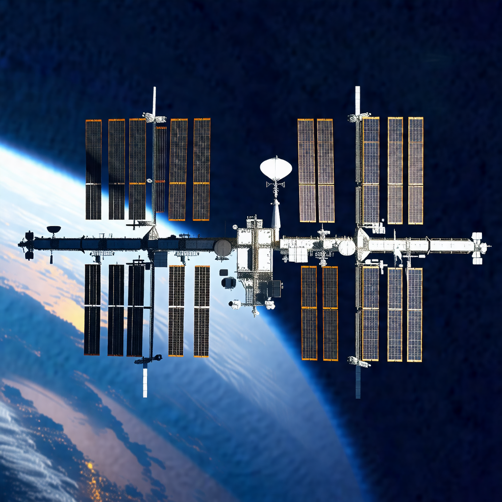 Space shuttle with a large number of solar panels on its ...
