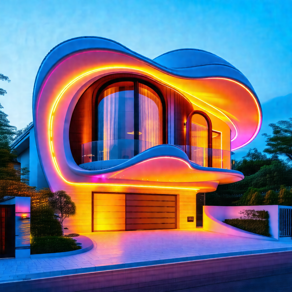 Large, modern house with a unique, curved design