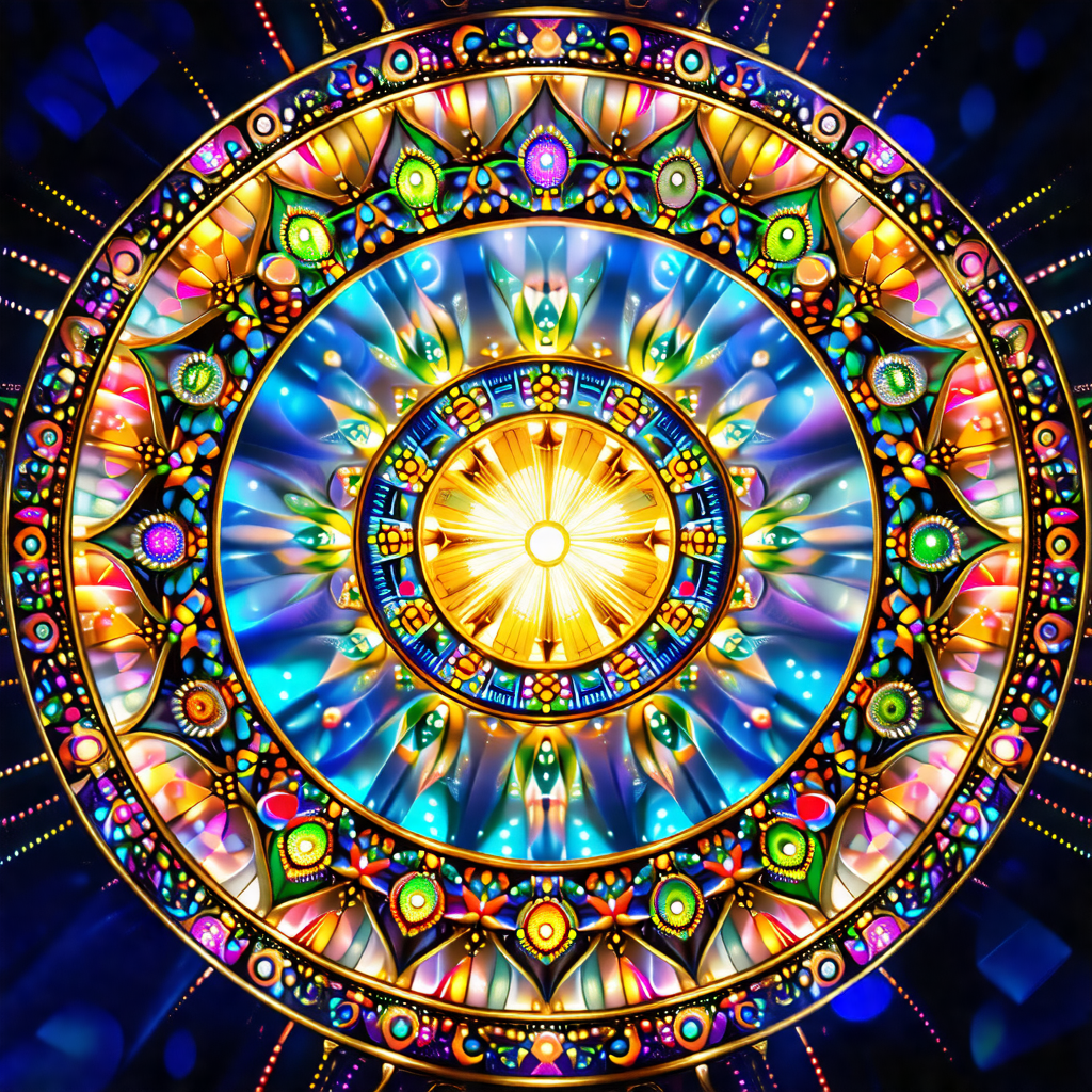 Colorful, circular artwork with a sun at its center