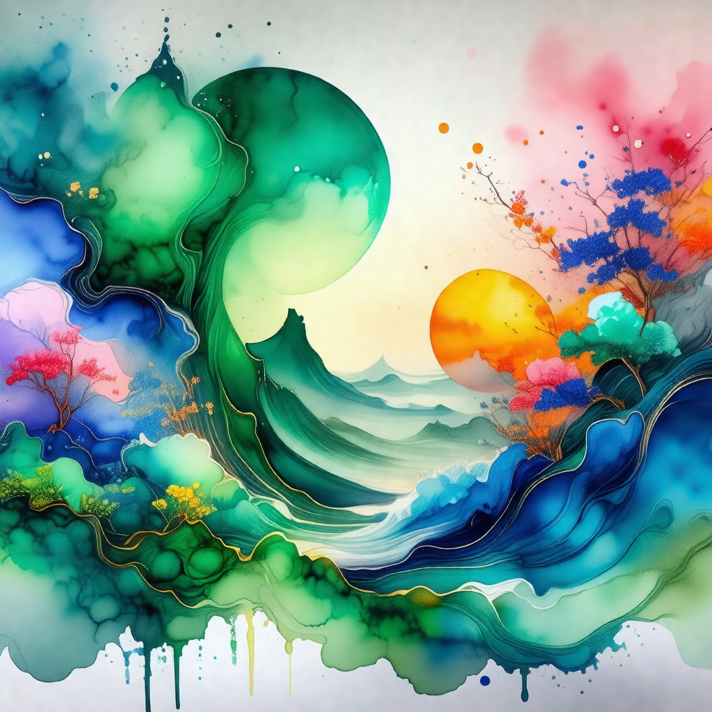 Painting of a colorful ocean scene with a variety of colo...