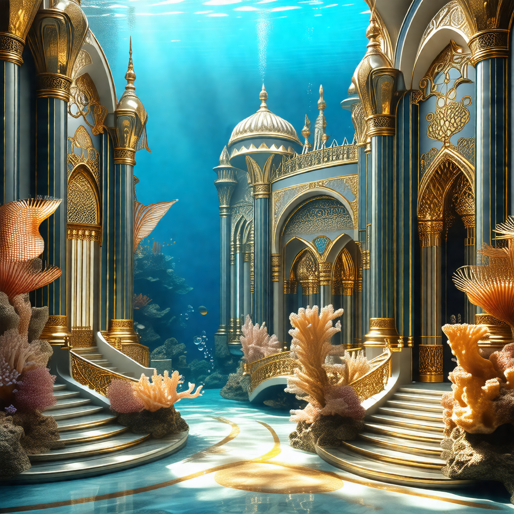 Beautiful underwater palace with a stunning blue and gold...