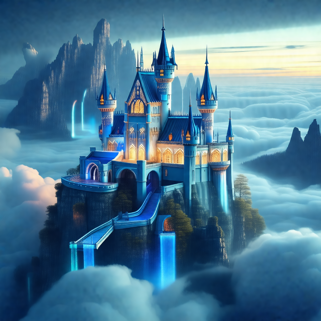 Majestic blue castle with a large, illuminated blue stair...