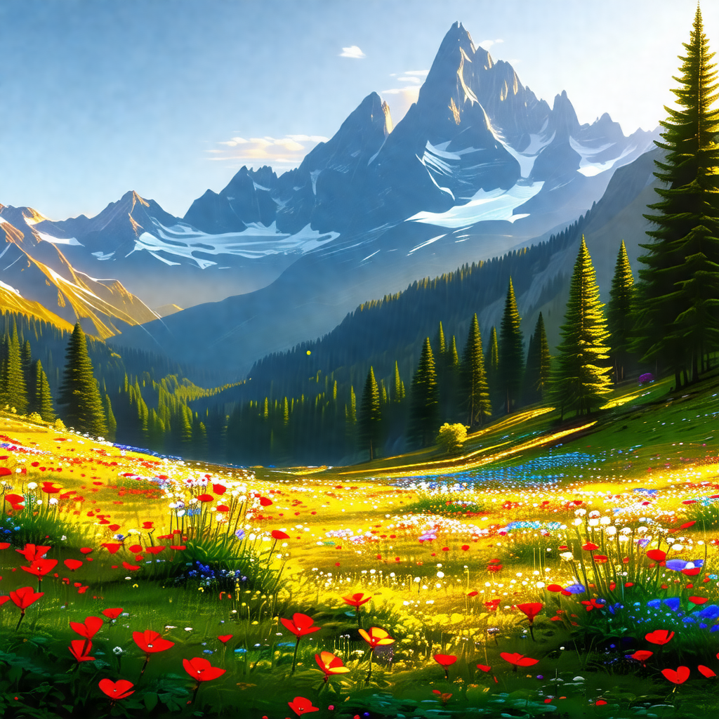 Beautiful mountain landscape with a lush green field and ...