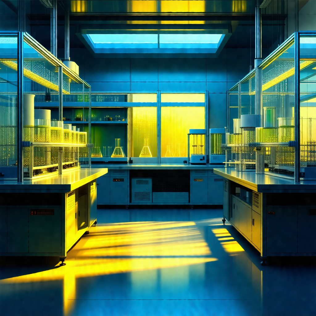 Blue-toned photograph of a laboratory with a focus on the...