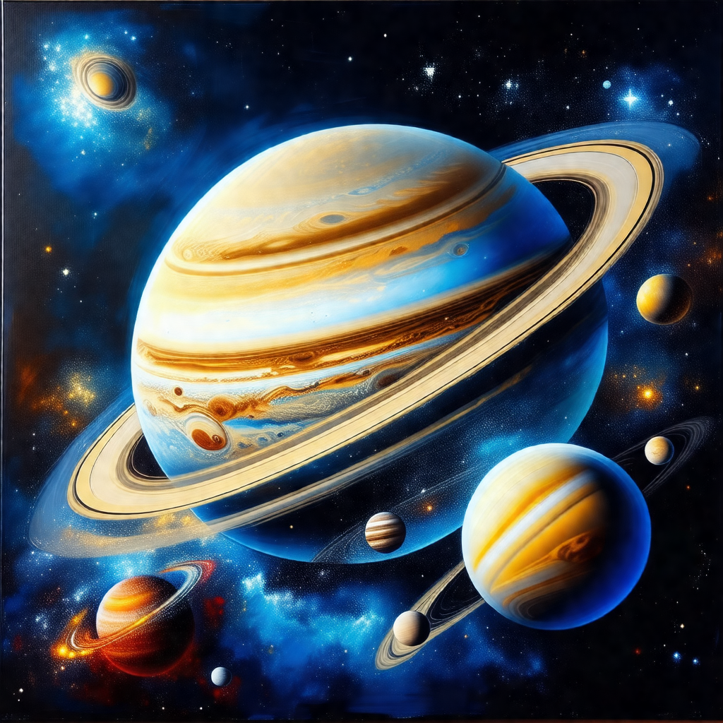 Painting of a solar system, featuring a large blue planet...