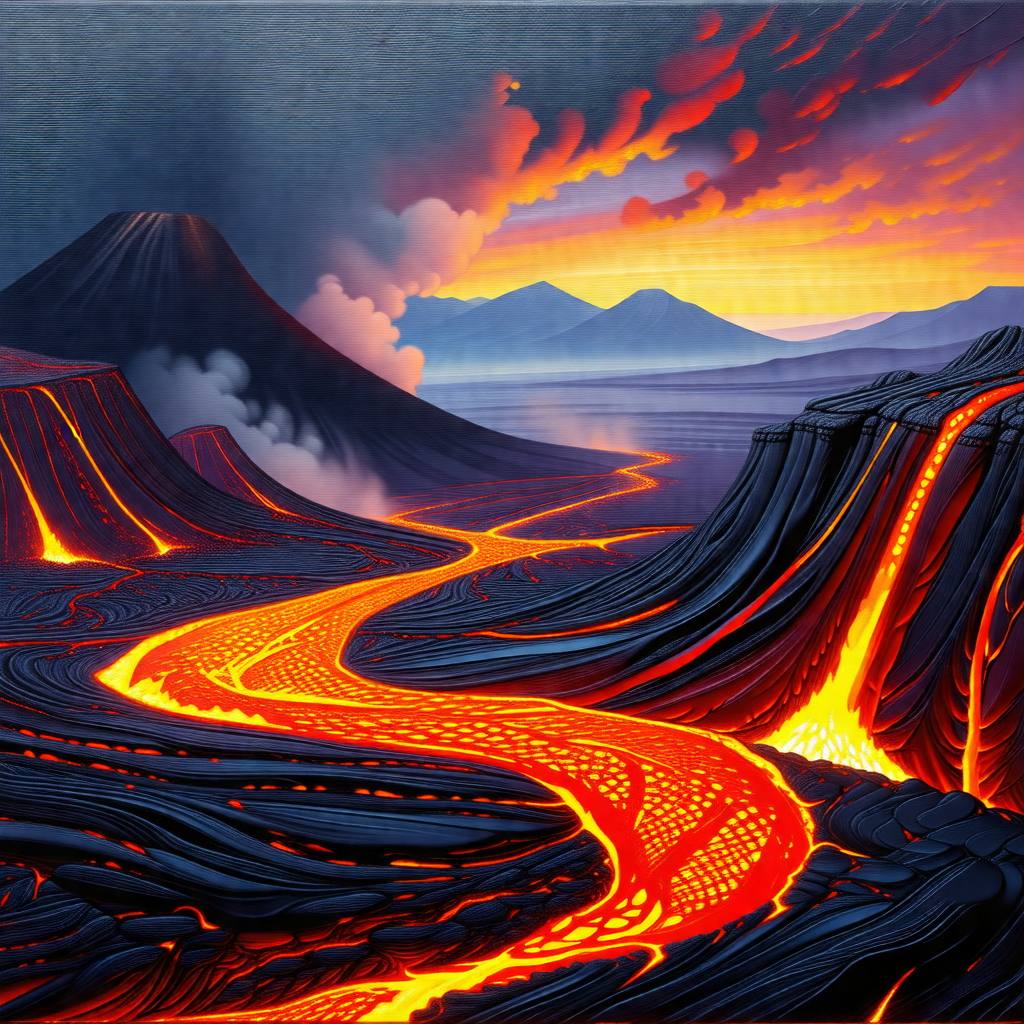 Vivid scene of a volcano with a river of lava flowing dow...