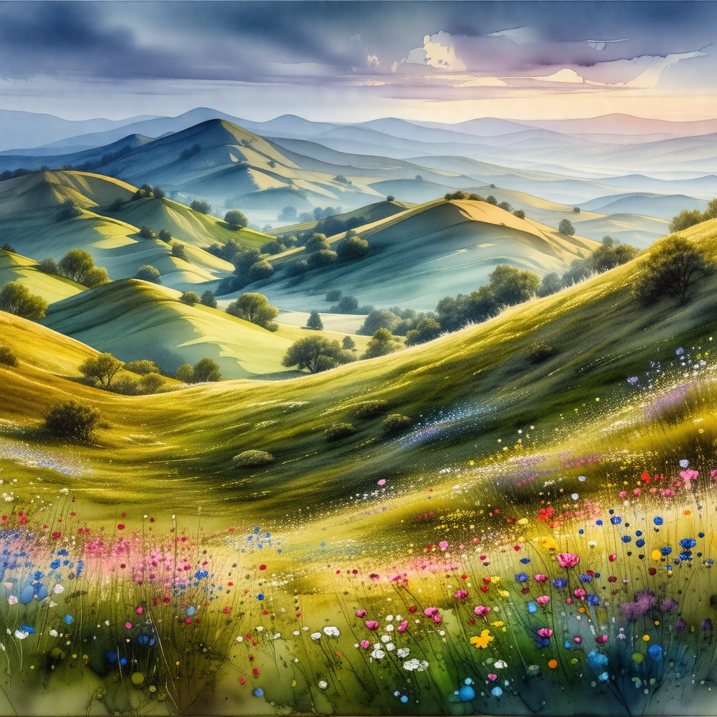 Beautiful, lush green hillside with a mountain range in t...