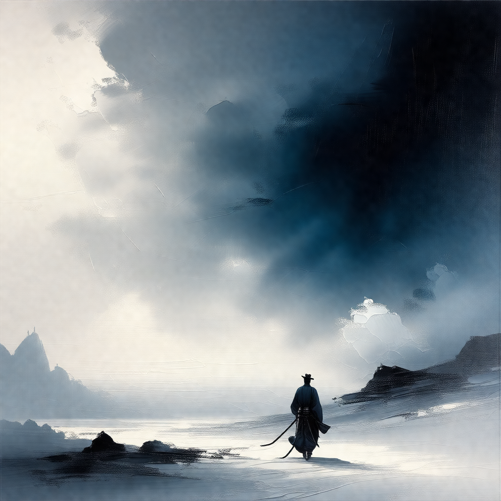 Man walking on a snowy beach, holding a sword in his hand