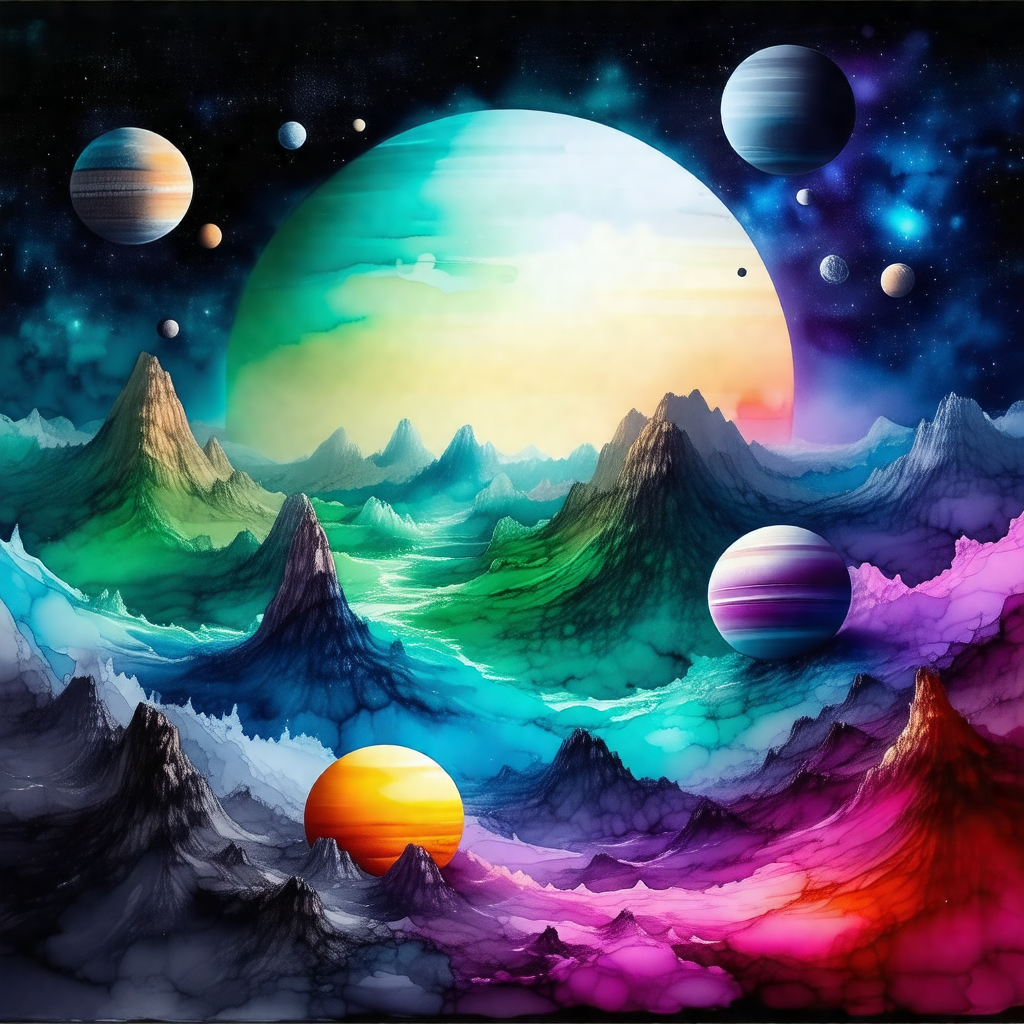 Colorful painting of a planet with a variety of celestial...