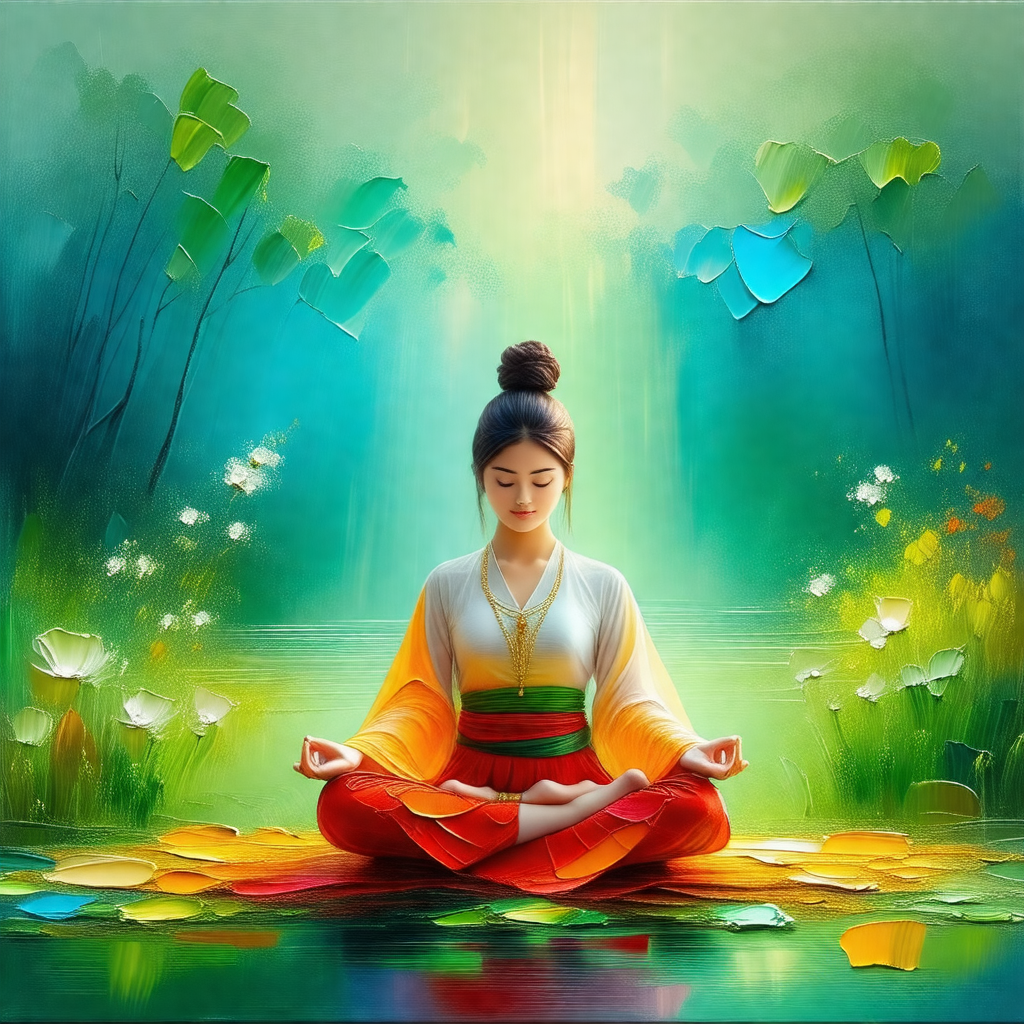 Woman sitting in a lotus position on a bed of flowers