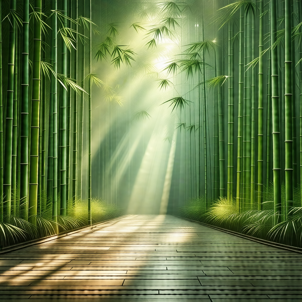 Pathway surrounded by a forest of bamboo trees