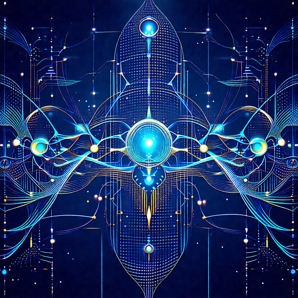 Futuristic, blue and gold artwork featuring a large, circ...