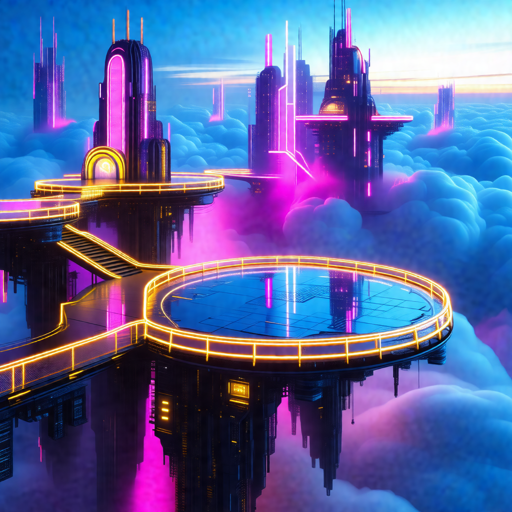 Futuristic cityscape with a large, purple, circular build...