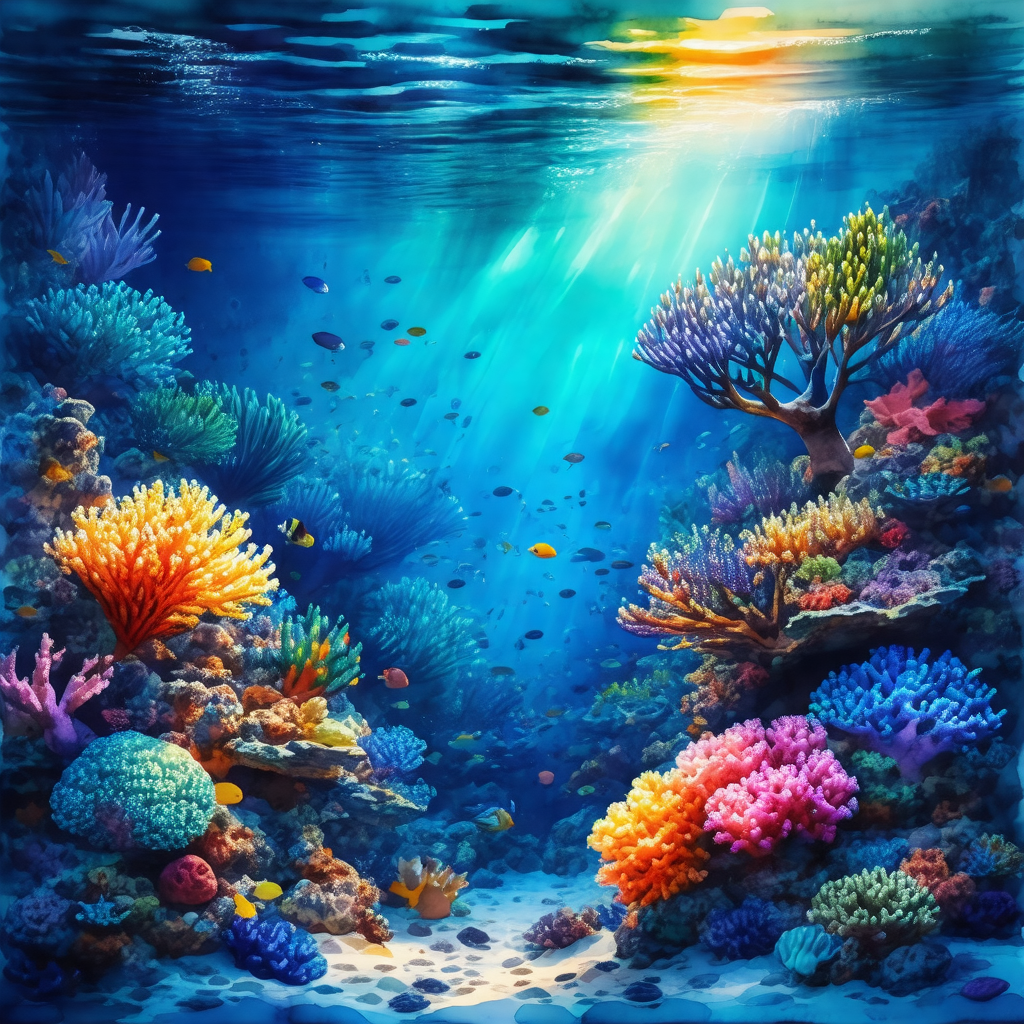 Beautifully painted underwater scene featuring a variety ...