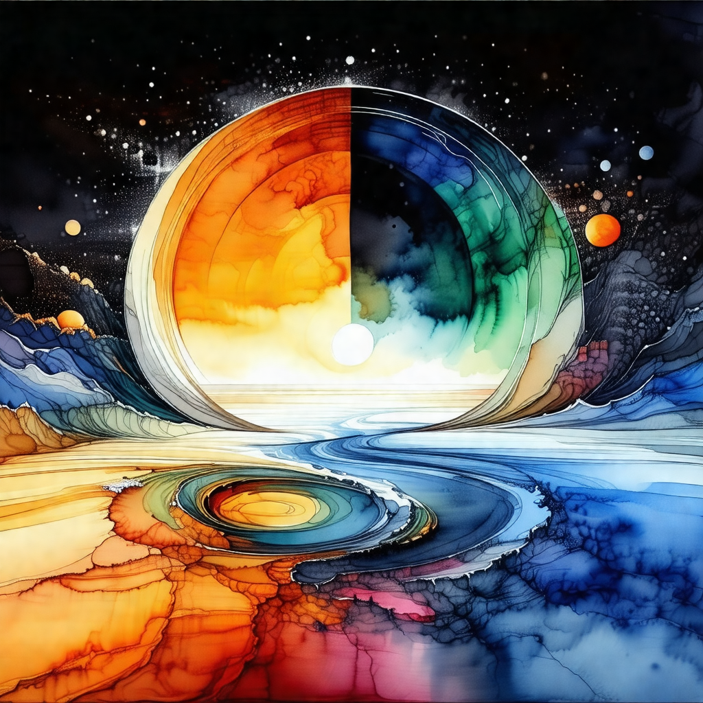 Colorful painting of a large, round, and brightly lit obj...