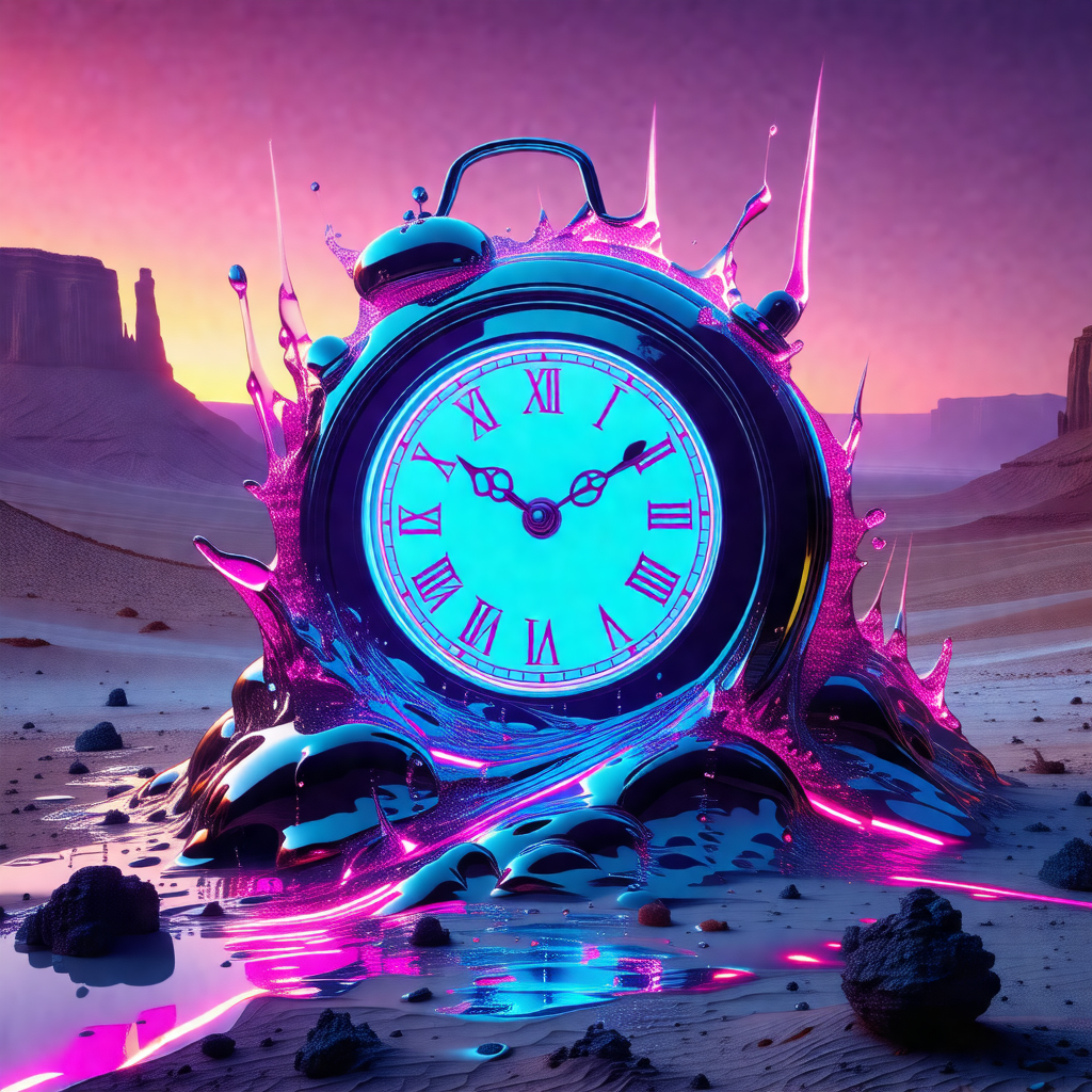 Large, colorful clock that is placed in a desert-like env...