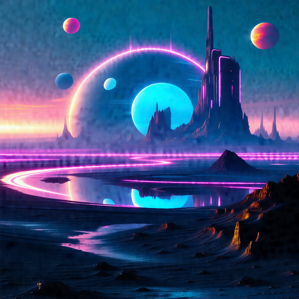 Futuristic cityscape with a large, purple-lit tower in th...